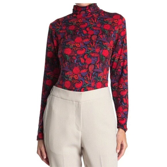 By Design Womens Red Floral Turtleneck Jersey Knit Long Sleeve Top Sz L New - Picture 1 of 9